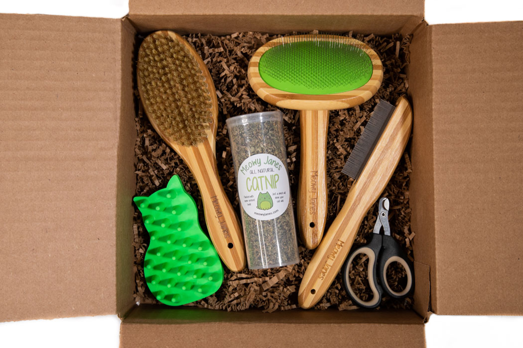 A box of various cat brushes