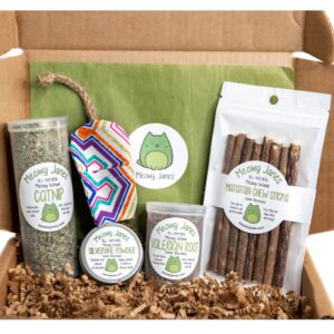 A box of catnip, silvervine powder, valerian root, matatabi chew sticks, and a cat toy