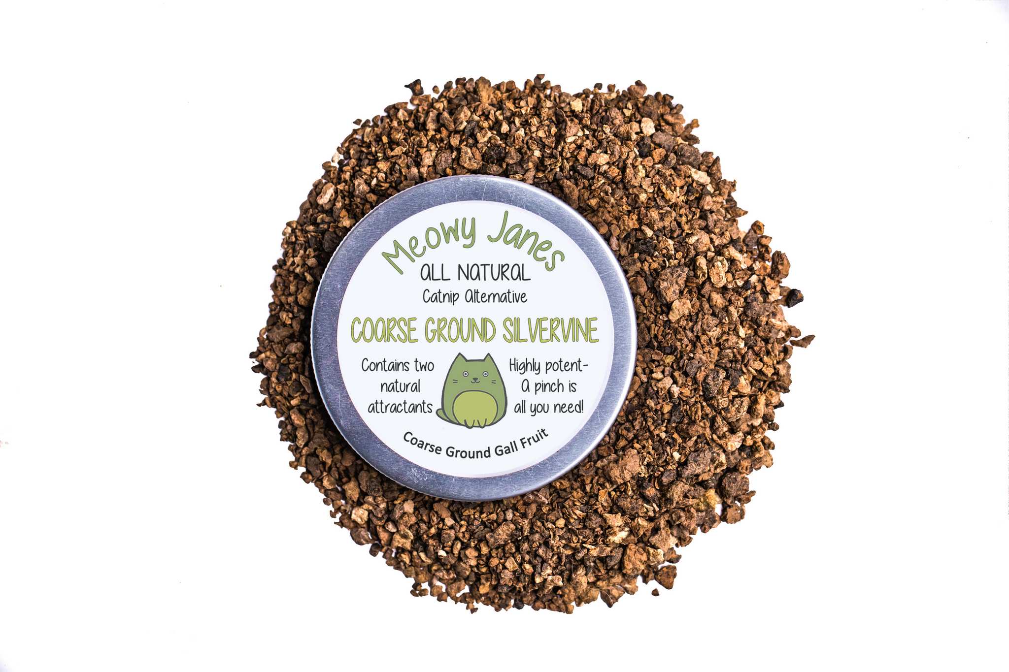 A tin of coarse ground silvervine powder