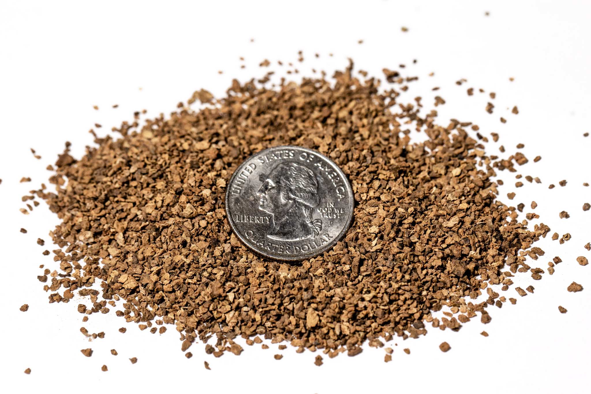 A quarter on top of a pile of coarse ground silvervine