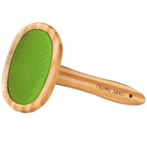 A green slicker brush with bamboo handle for cats