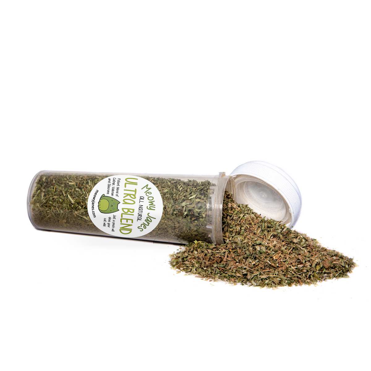 A bottle of catnip mixed with valerian root and silvervine powder