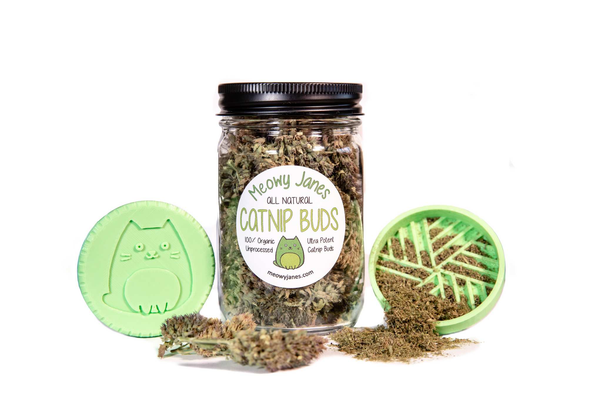 A jar of catnip buds and grinder