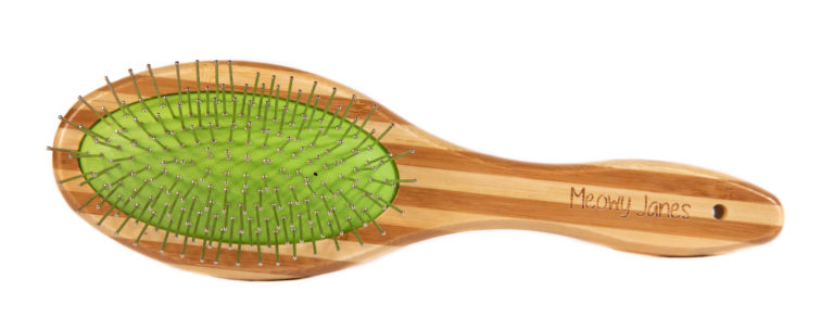 A green pin brush with bamboo handle for cats