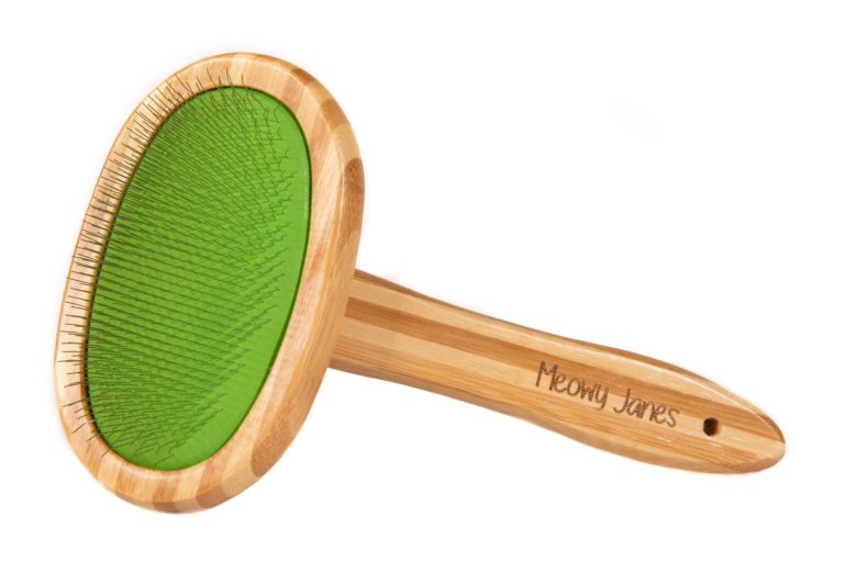 A green slicker brush with bamboo handle for cats