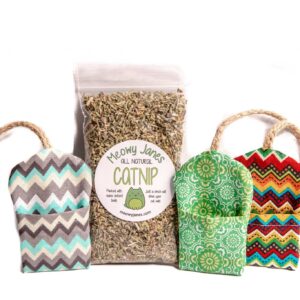 Three fabric mouse toys made out of different fabrics next to a bag of catnip