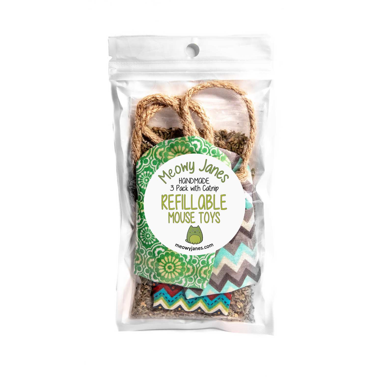 Three fabric mouse toys made out of different fabrics in a bag