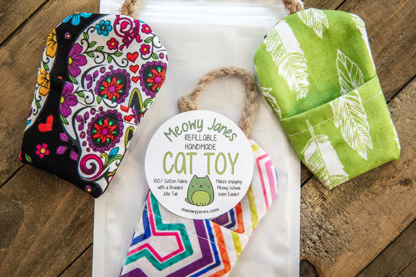 Fabric mouse toys made out of various colors and patterns of fabric