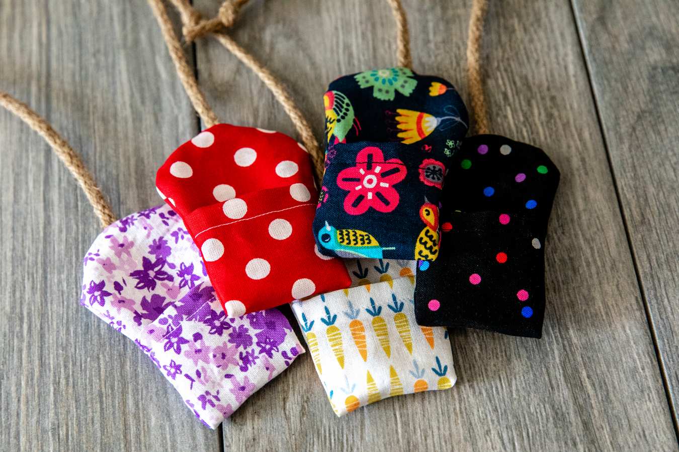 Fabric mouse toys made out of various colors and patterns of fabric