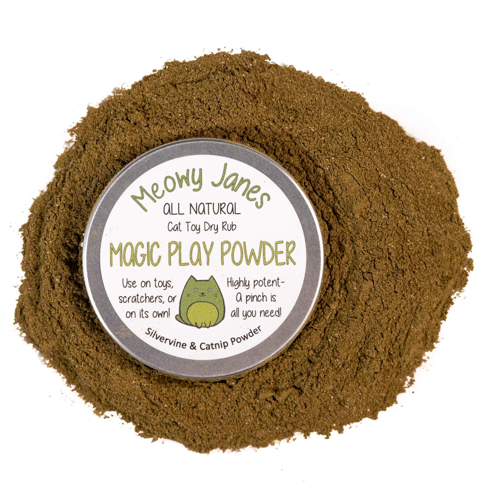 A tin that says magic play powder surrounded by a brown powder