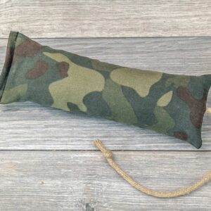 A catnip kicker made from a green military camo themed fabric