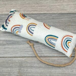 A catnip kicker made from a fabric with white boho rainbow print