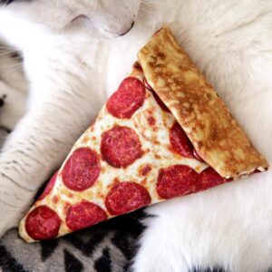 A cat toy sewn from fabric that looks like a realistic pizza slice