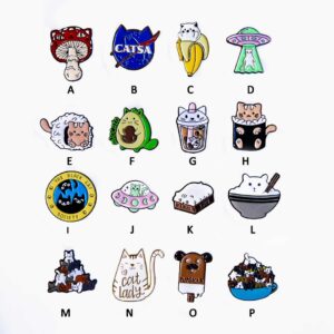 Multiple different cat themed pins on white