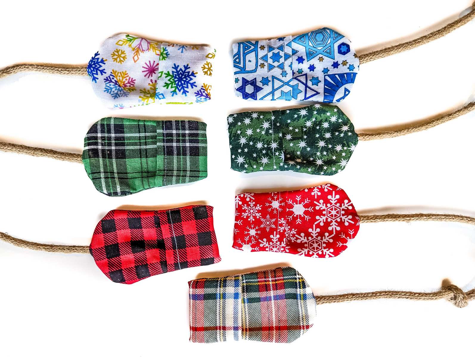 Fabric mouse toys in various holiday print fabrics