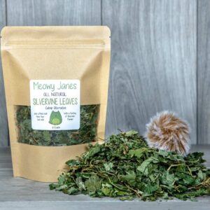 A bag of silvervine leaves with a pile of silvervine leaves next to it with a fuzzy ball toy.