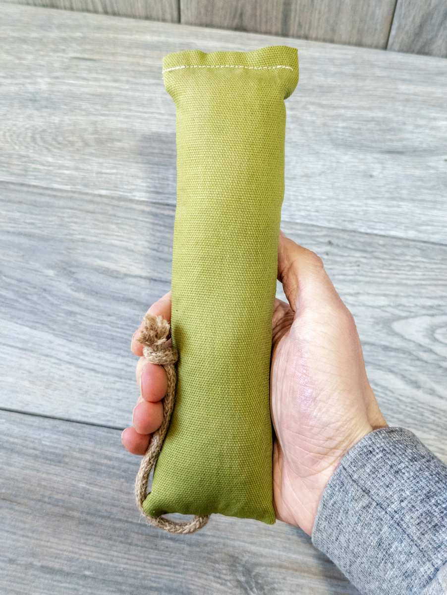 A hand holding a green catnip kicker
