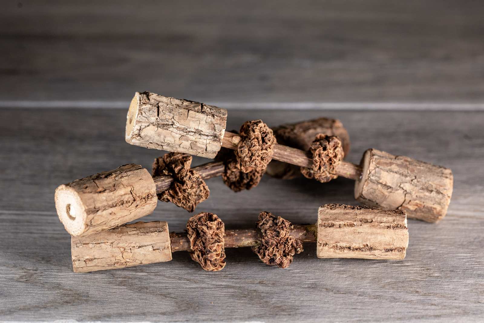 Matatabi sticks with gall fruit threaded onto the stick and larger diameter sticks as the end caps