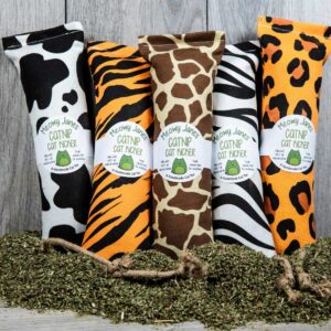 Catnip kickers of a fabric of various animal prints