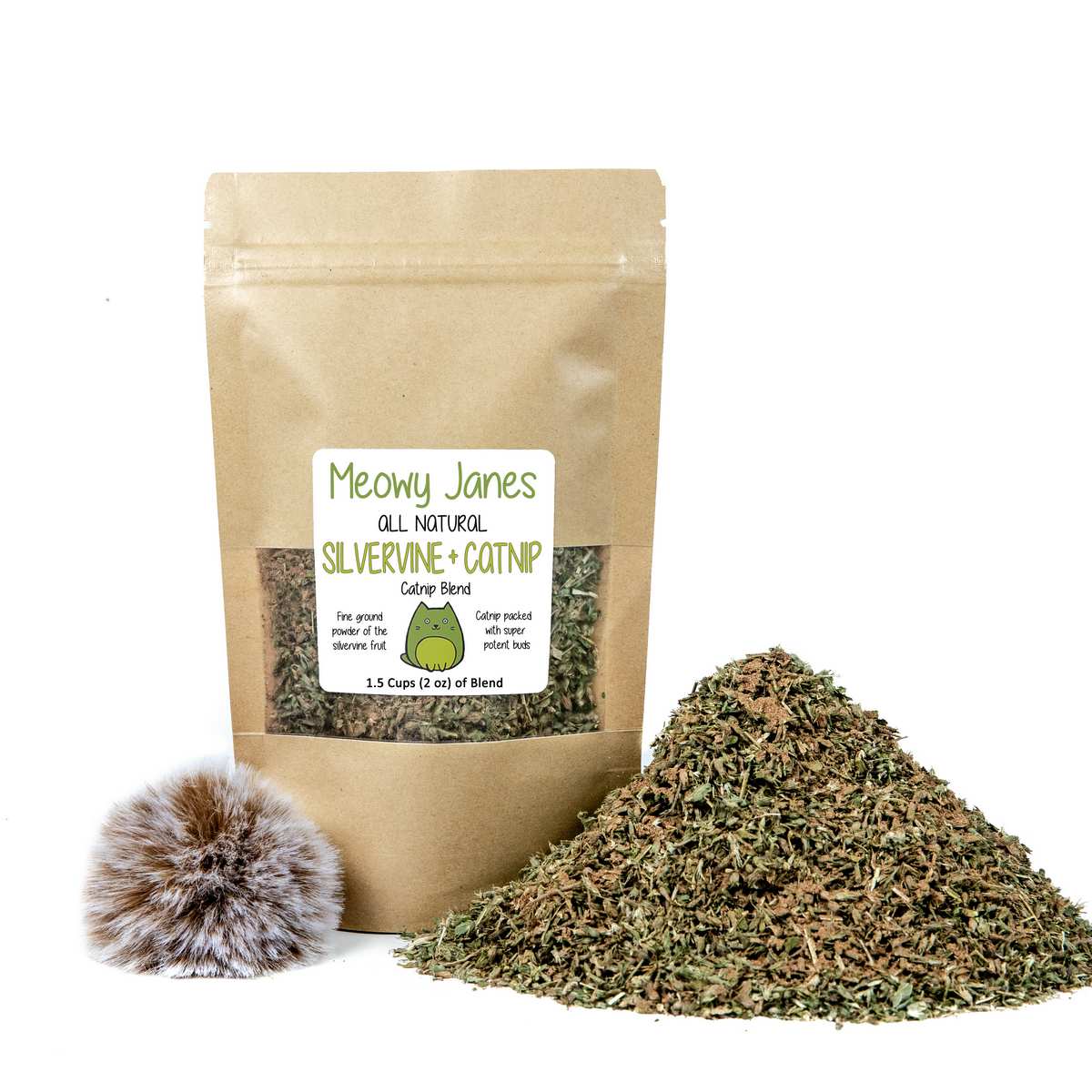 A resealable bag of catnip silvervine blend and a faux fur ball toy
