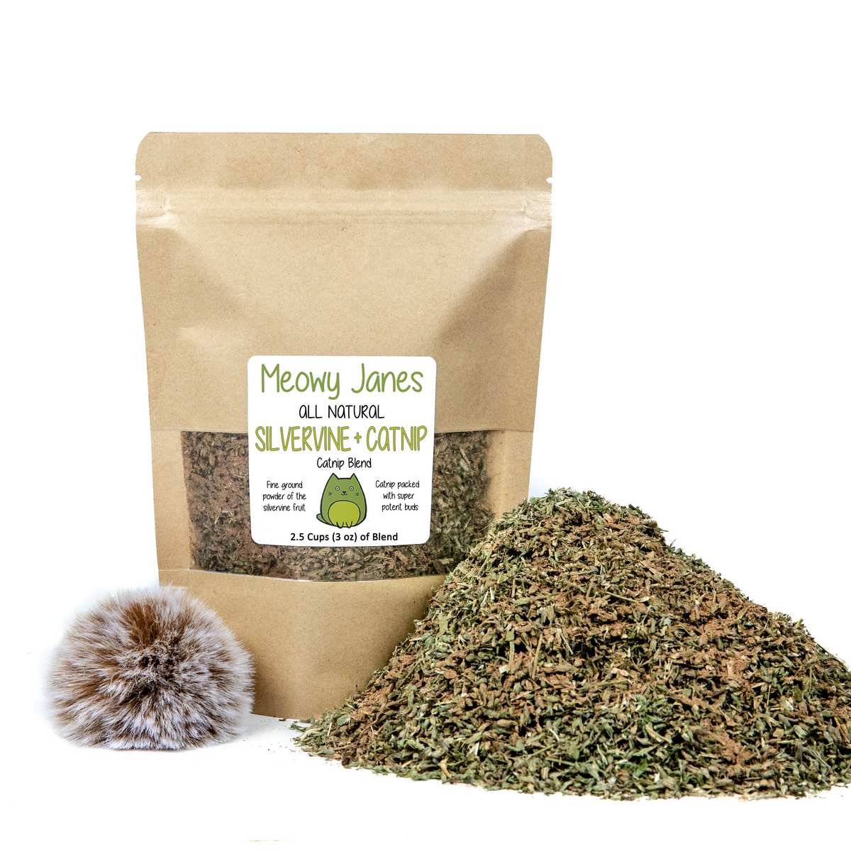 A resealable bag of catnip silvervine blend and a faux fur ball toy
