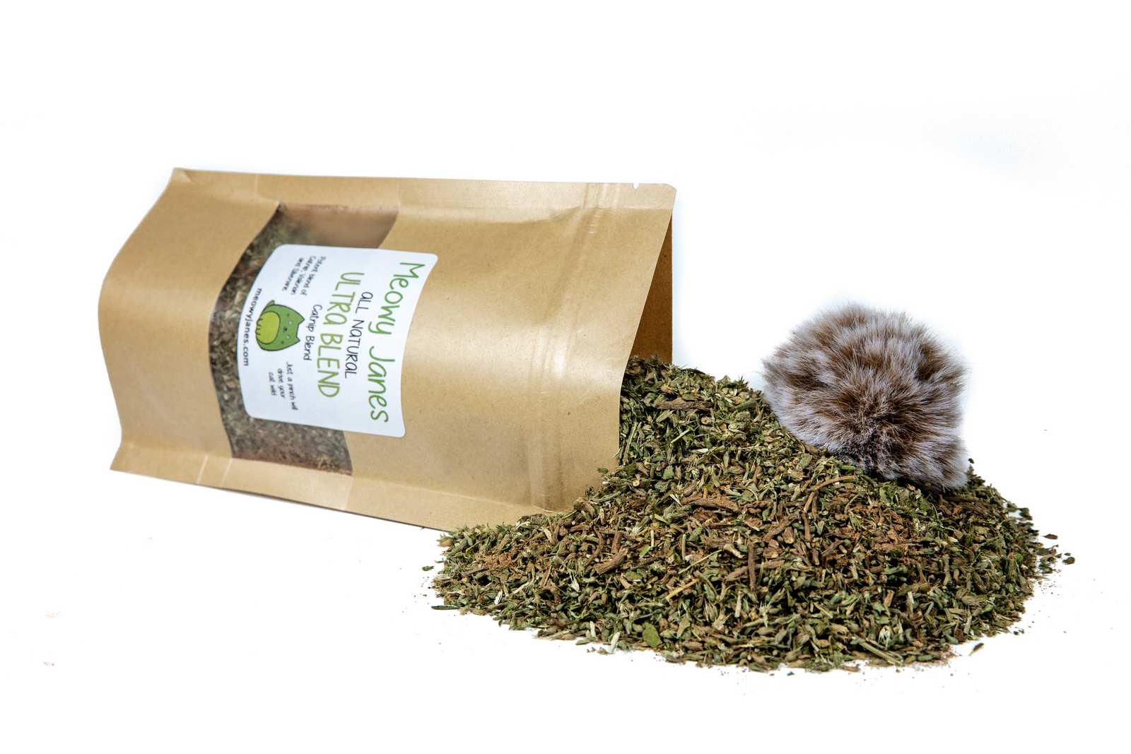 A resealable bag of ultra blend and a faux fur ball toy