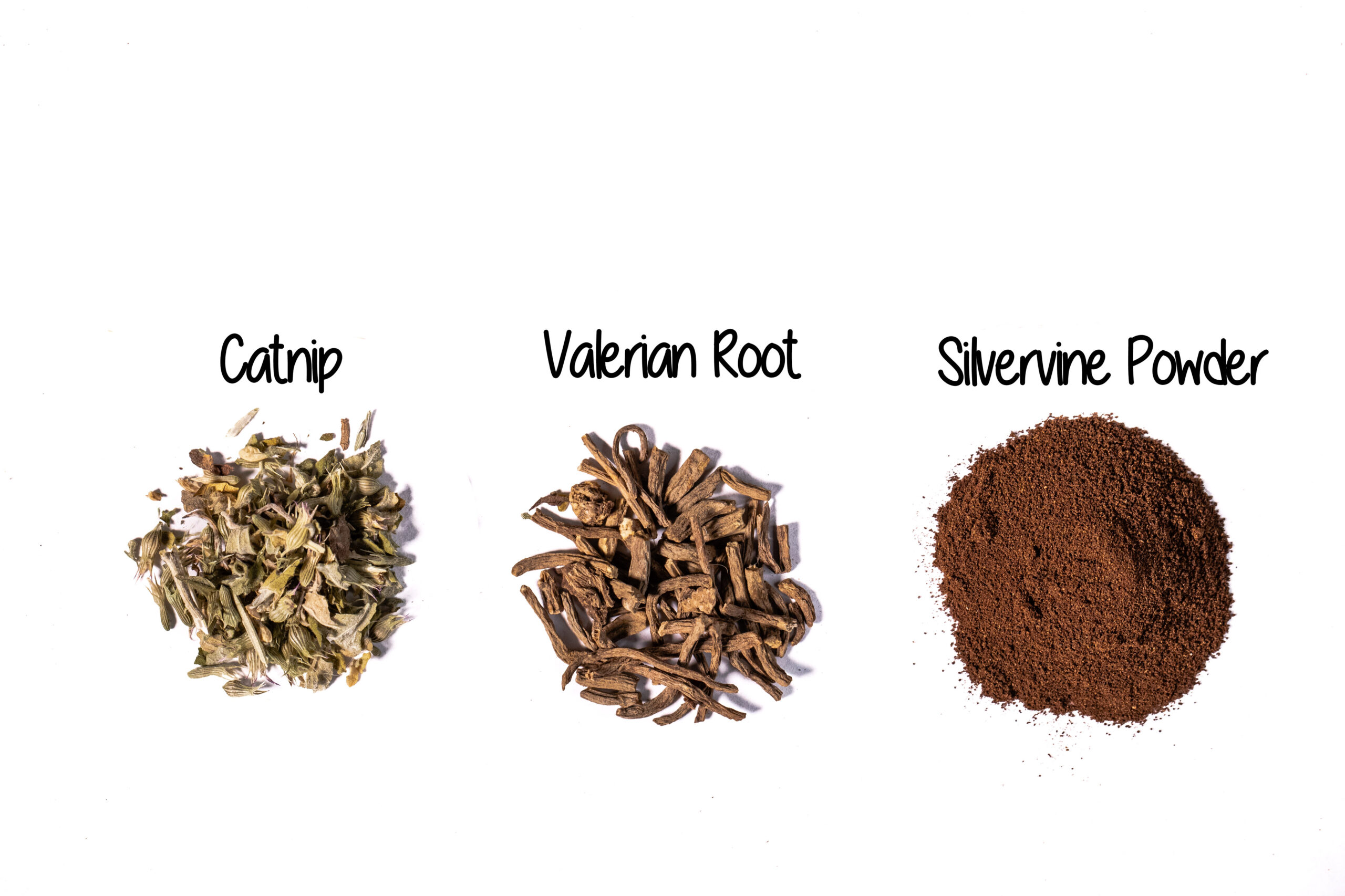 Catnip, valerian root, and silvervine powder