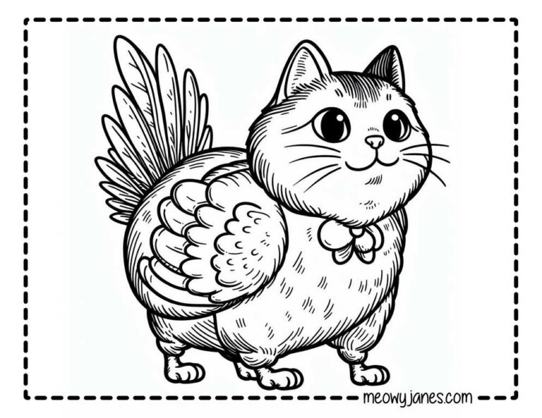 A black and white coloring page of a cat that has the body of a chicken