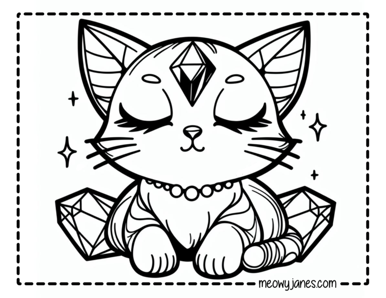 A black and white coloring page of a cat that looks like a kawaii crystal