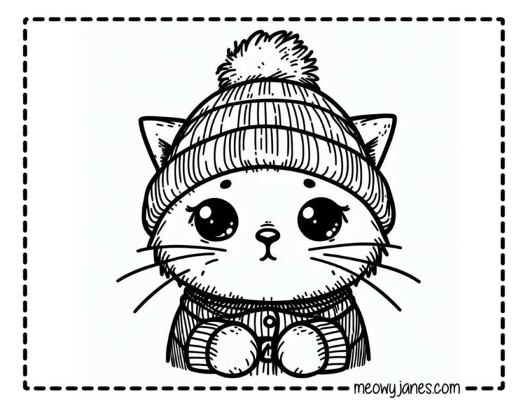 A black and white coloring page of a cat wearing a winter hat and coat