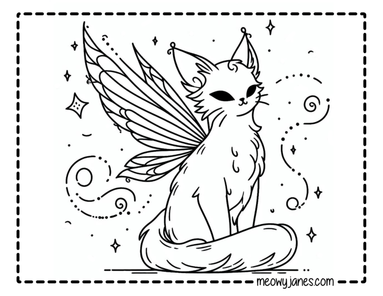 A black and white coloring page of a cat that looks like a fairy with wings