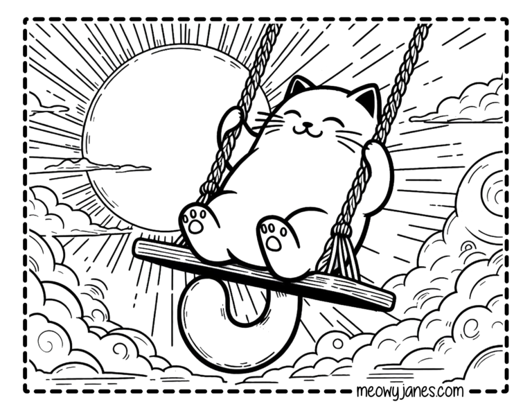 A black and white coloring page of a happy cat swinging on a swing with a big sun in the background