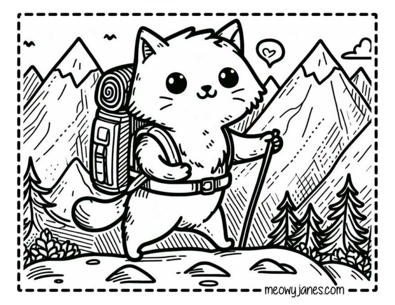 A black and white coloring page of a cat in hiking gear walking up a mountain