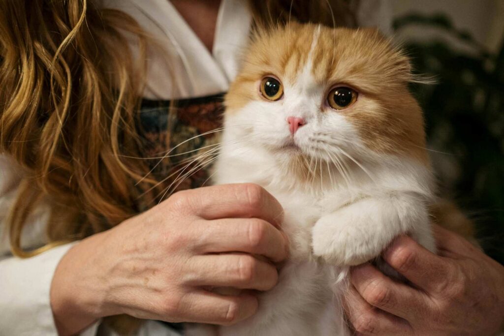 A cat being held by a person. Just hands and cat visible.
