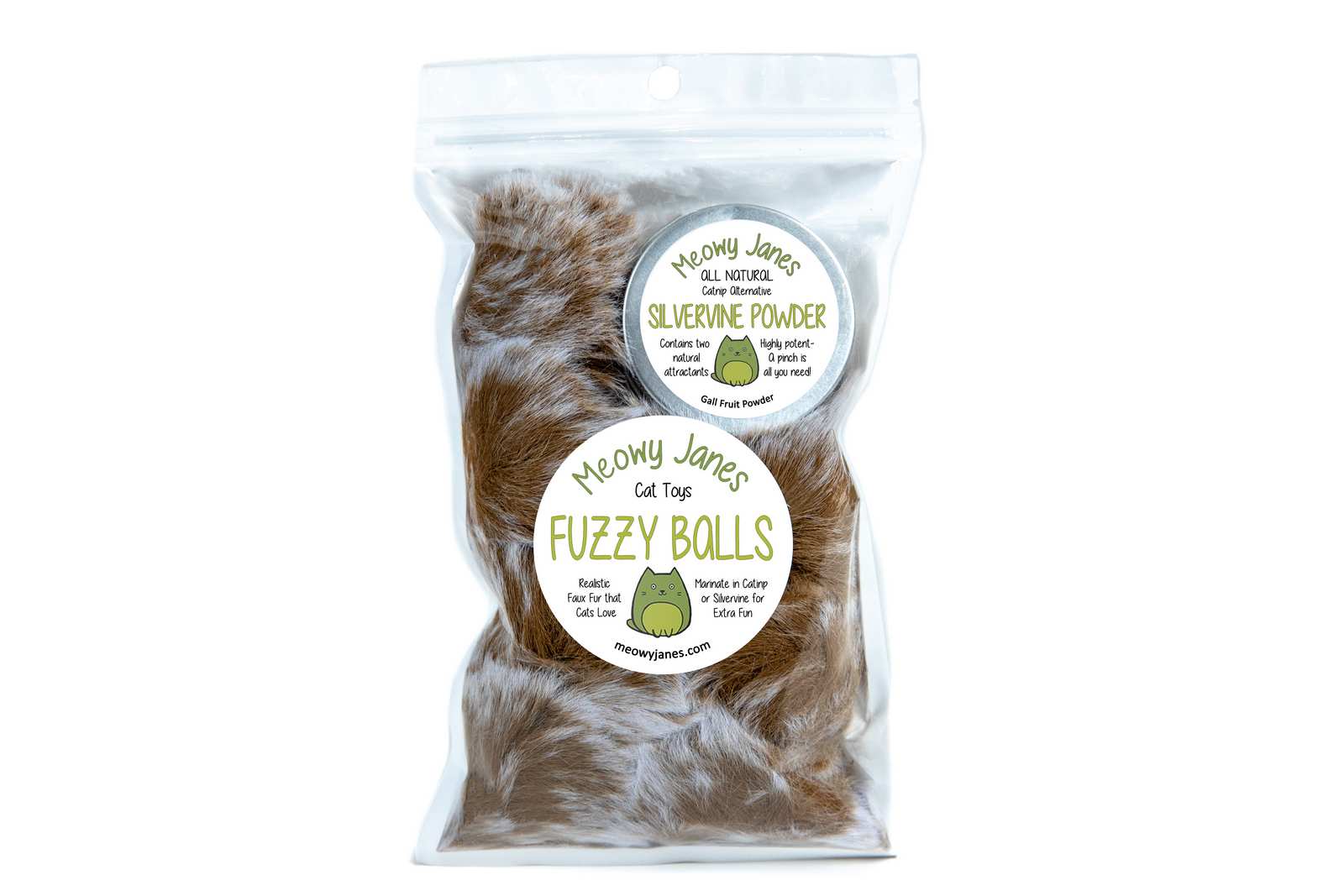 A bag of fuzzy pom pom cat toys and silvervine powder.