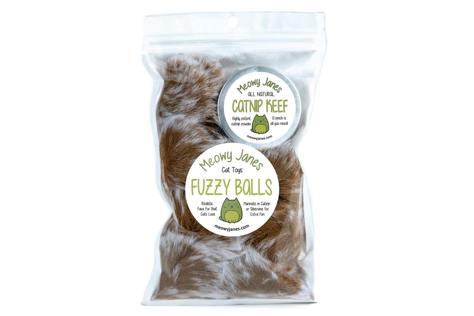 A bag of fuzzy pom pom cat toys and catnip powder.