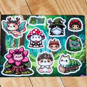 A sticker sheet of forest themed cat stickers
