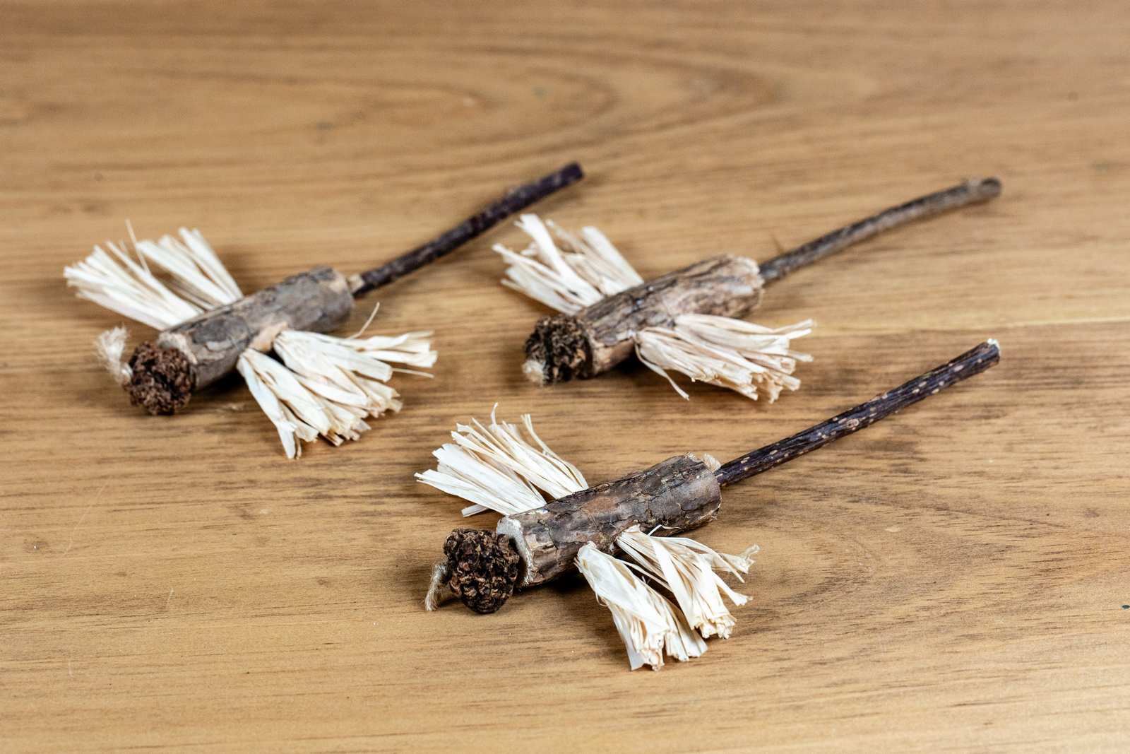 Three dragon fly cat toys made out of the matatabi plant.