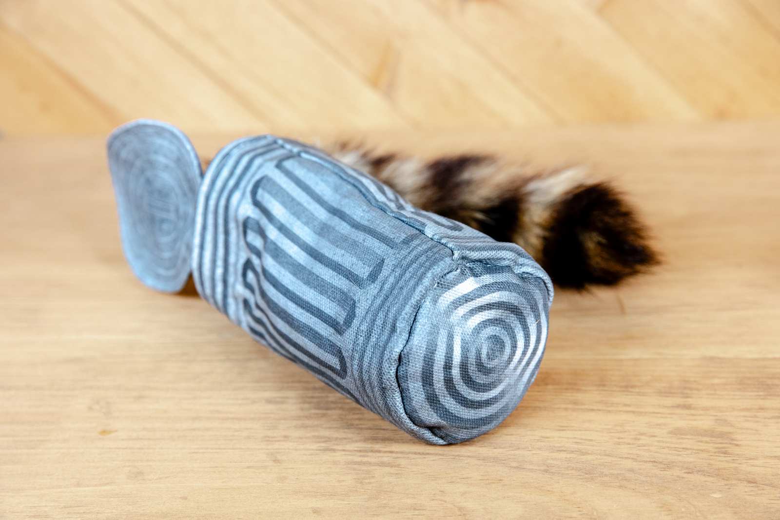 The back and bottom of a garbage can cat toy with a raccoon tail sticking out from it.