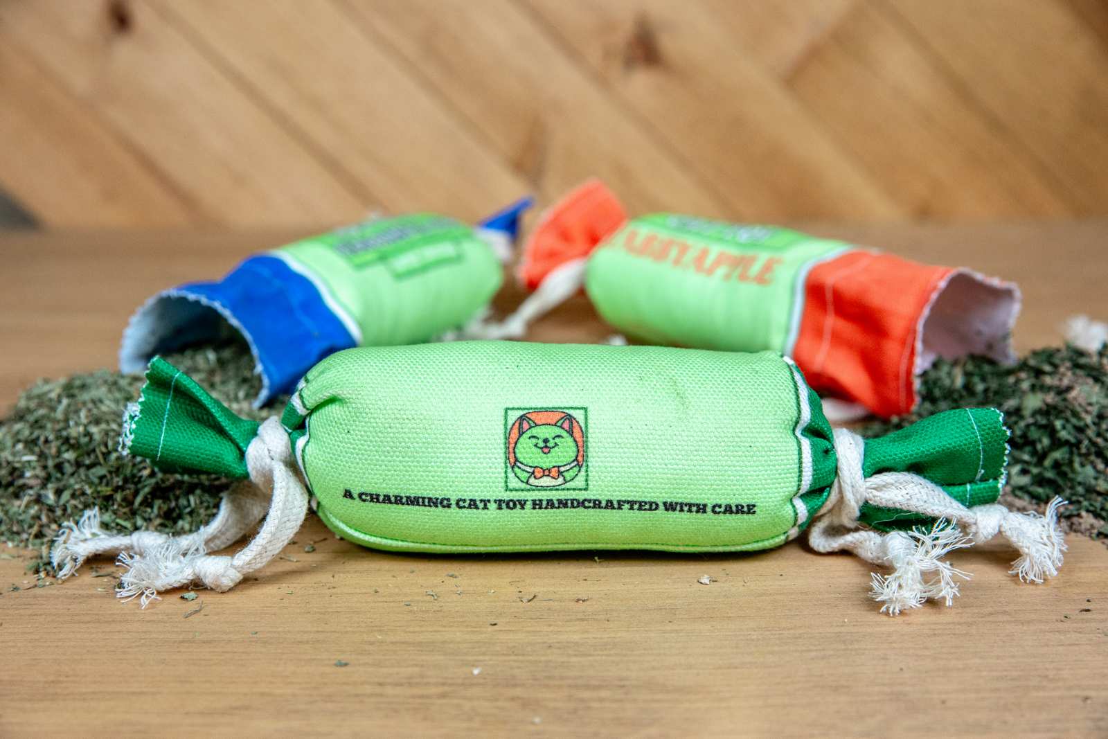 A canvas cat toy that looks like a penny candy roll.